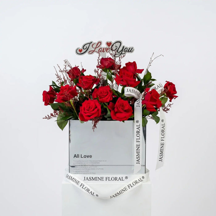 Silver Love Flowers Box | Red Roses | Love Acrylic Topper