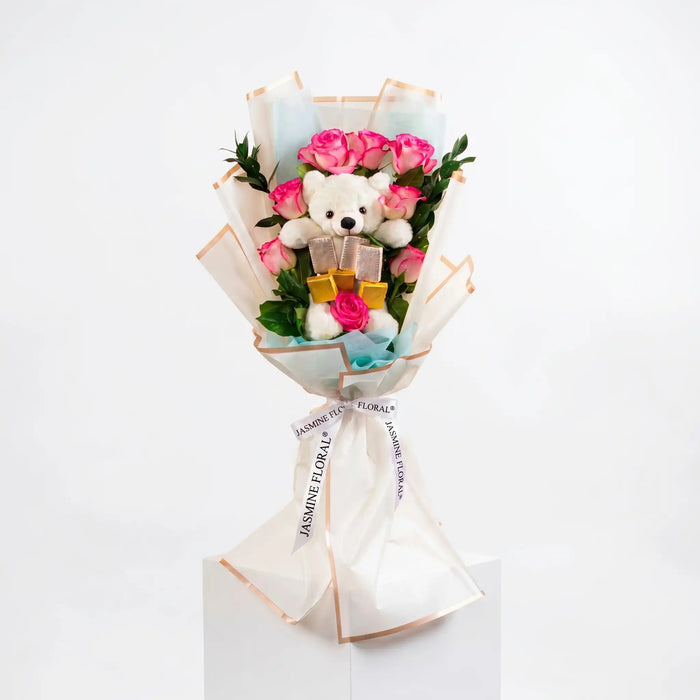 Pink Roses Hand Bouquet | Teddy And Chocolate