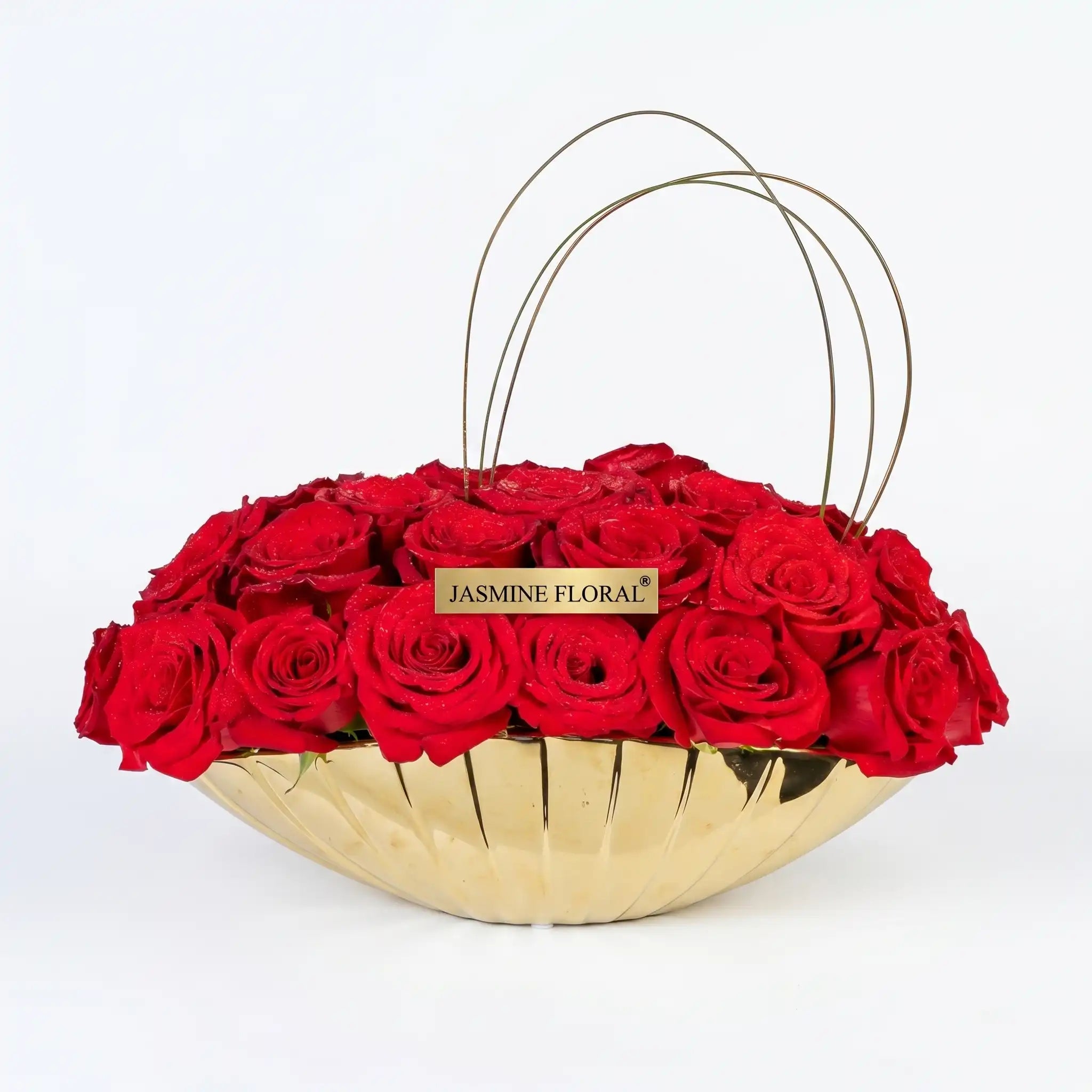 Premium Golden Vase | 25 Red Roses