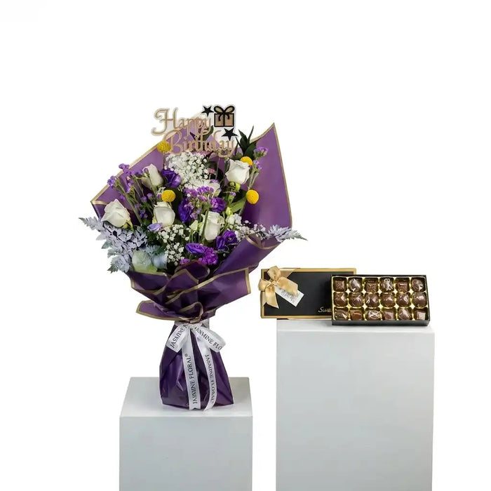 Birthday Purple Bouquet | English Stick | Chocolate Box 18 Pcs