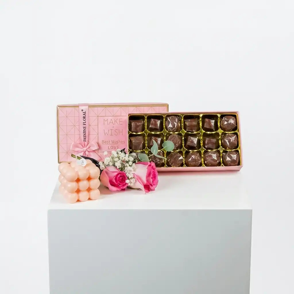 Pink Chocolate Box 18 Pcs| Square Candle | Flowers