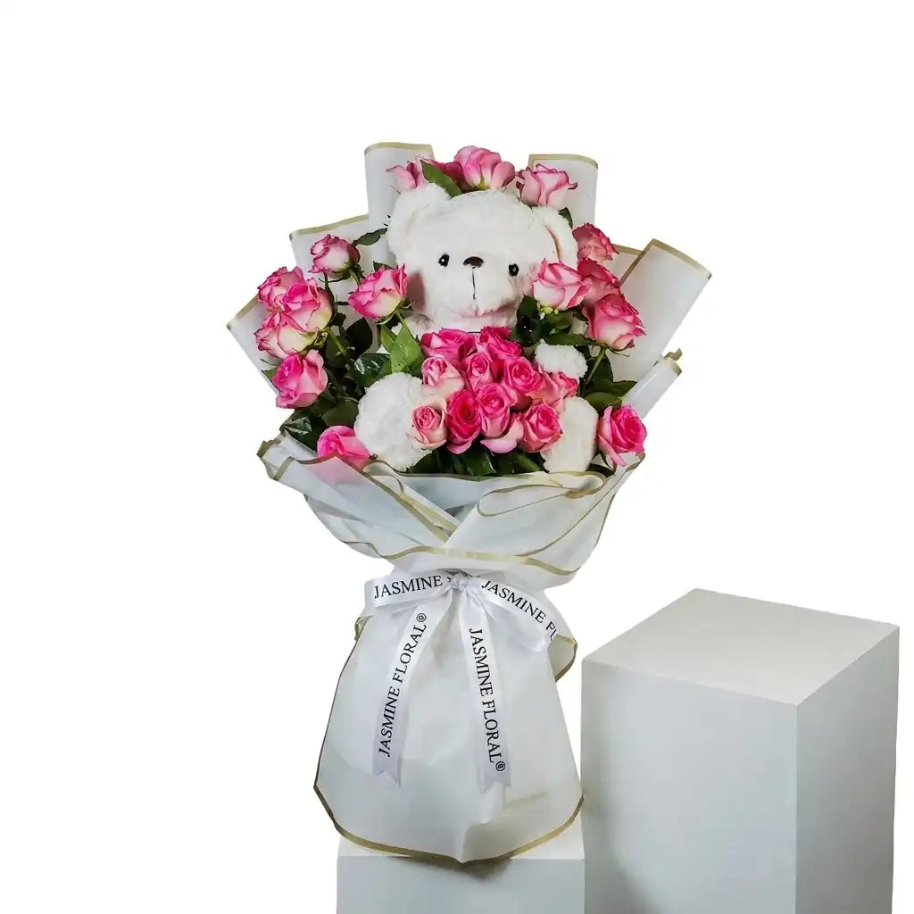 25 Pink Roses | White Teddy