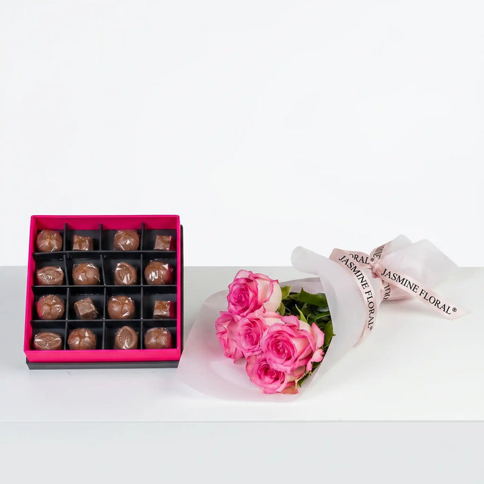 Assorted Chocolate Box 16 Pcs | 5 Pink Roses