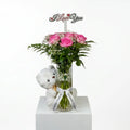 Glass Vase | 10 Pink Rose White Teddy| Love Topper