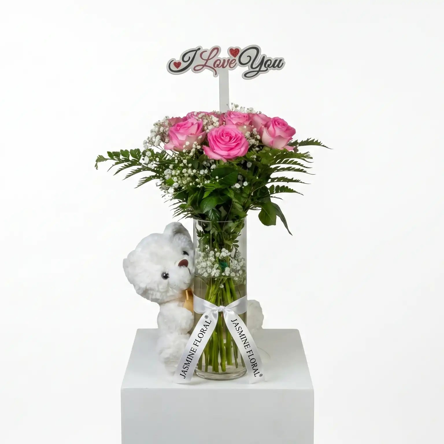 Glass Vase | 10 Pink Rose White Teddy| Love Topper