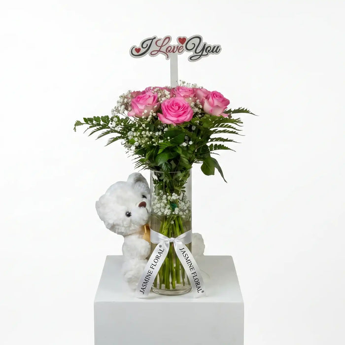 Glass Vase | 10 Pink Rose White Teddy| Love Topper