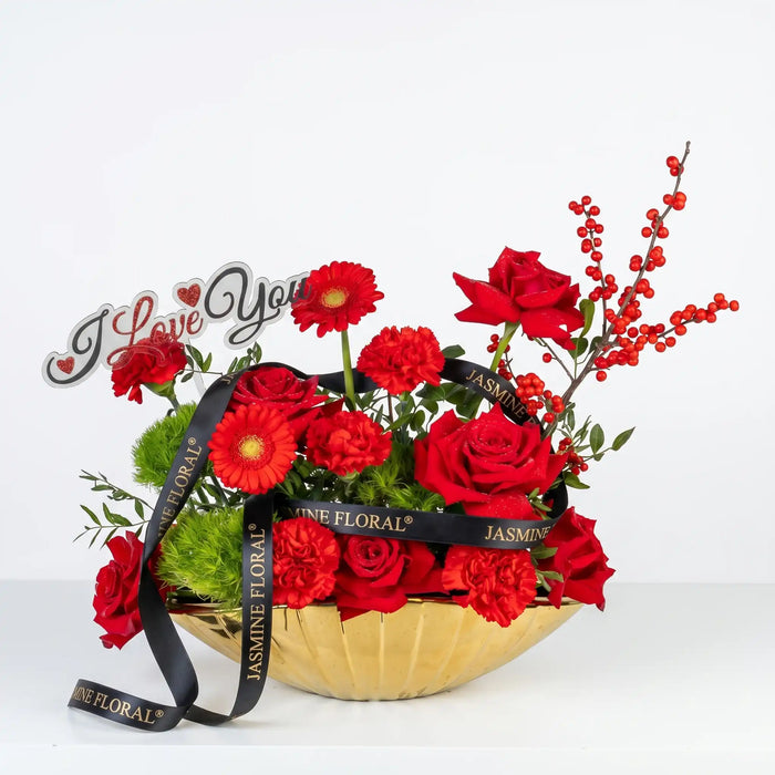 Premium Golden Vase | Red Flowers Love Acrylic