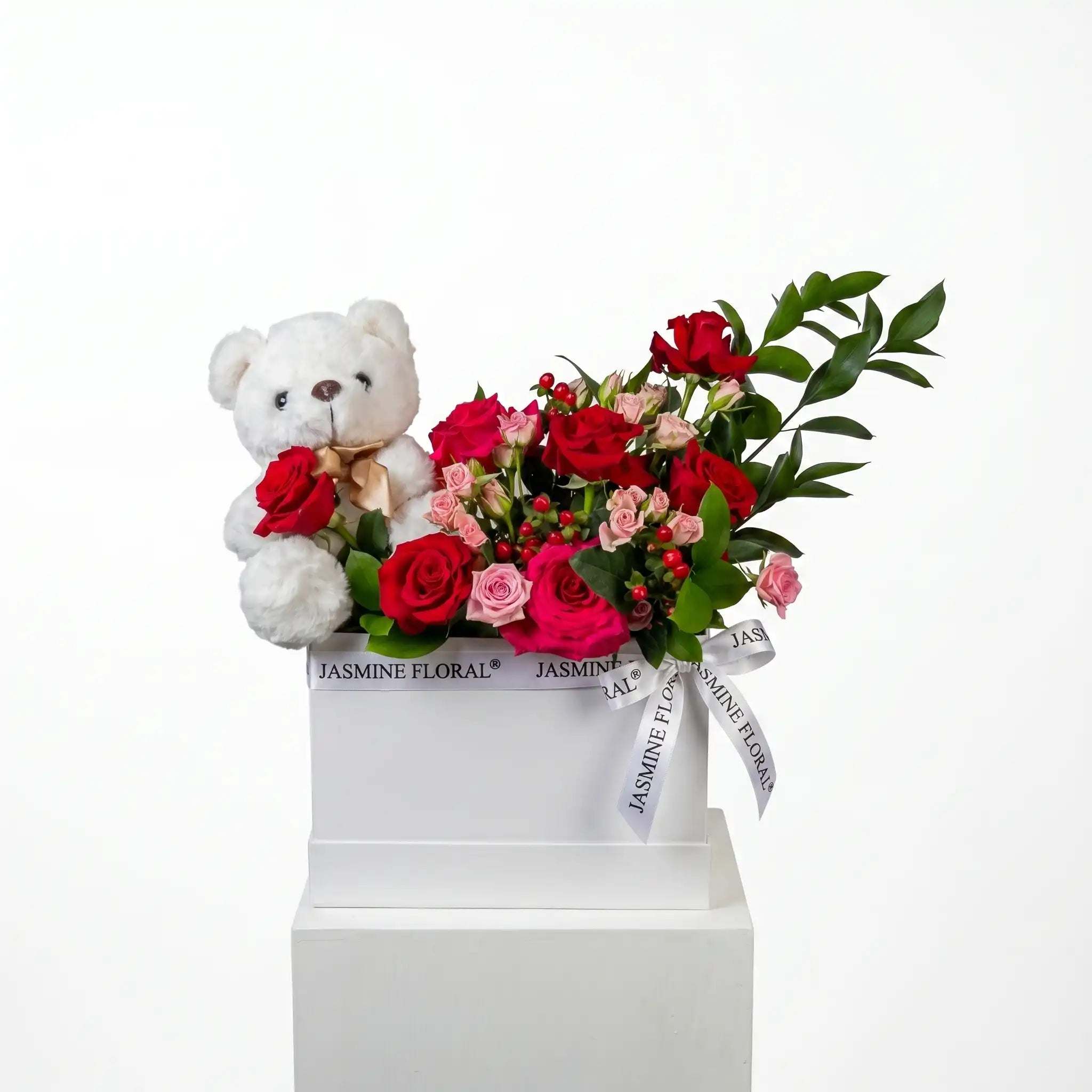 White Flowers Box |White Teddy Bear