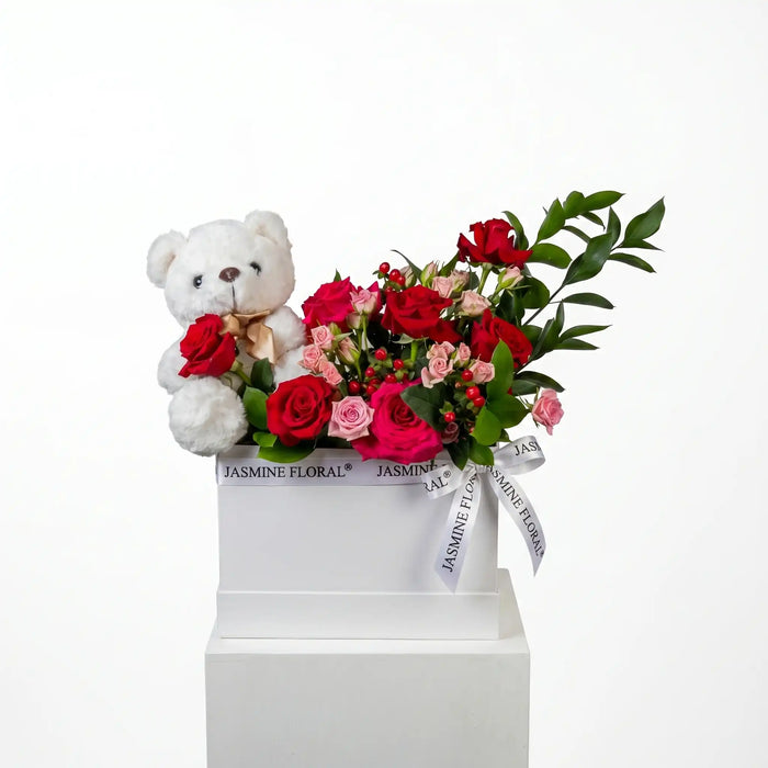White Flowers Box |White Teddy Bear