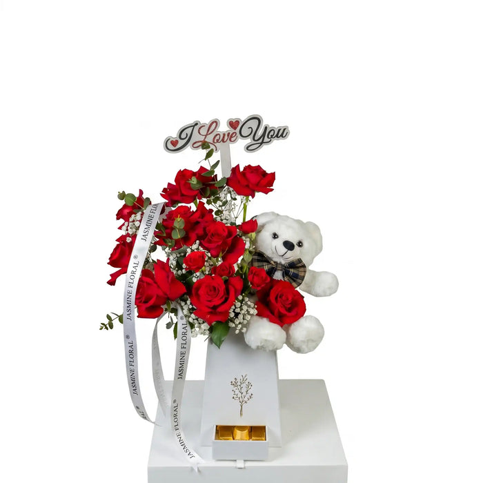 White Flowers Box | Red Roses | Teddy Bear | Chocolate 10 Pcs | Love Acrylic Topper