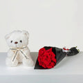 White Teddy Bear| 5 Red Roses