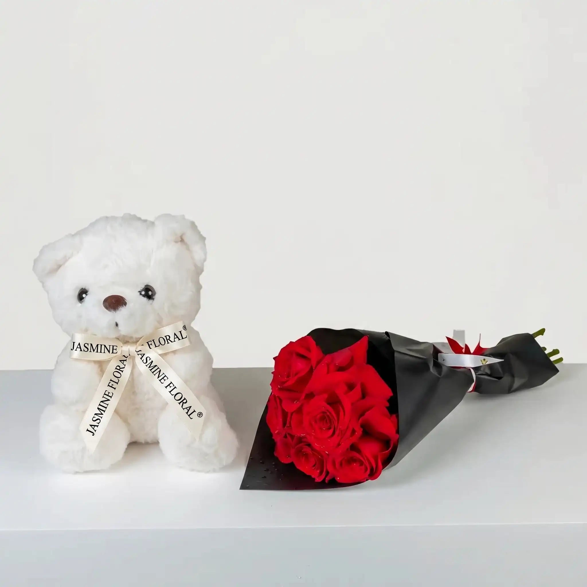 White Teddy Bear| 5 Red Roses