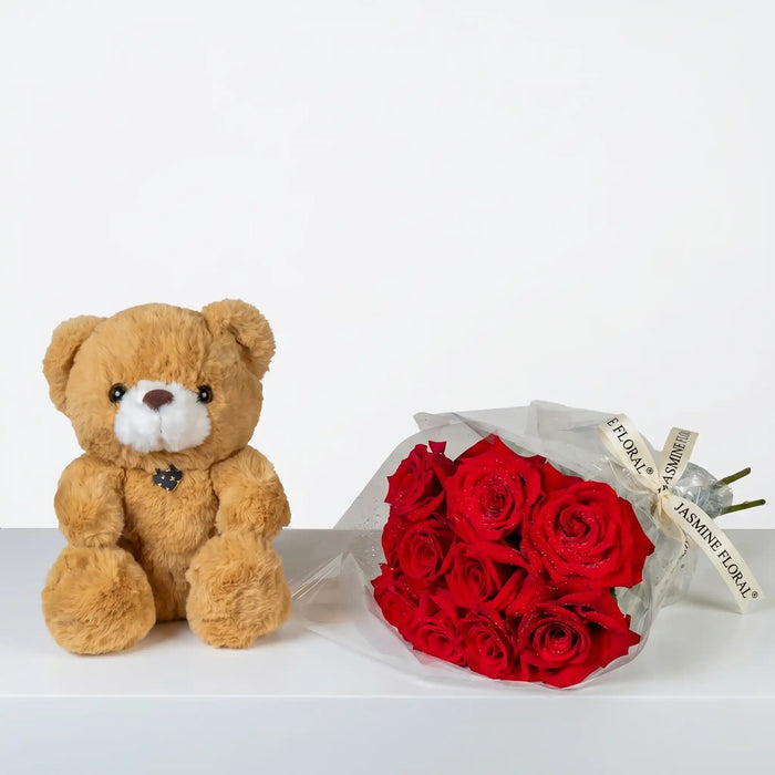Brown Teddy Bear | 10 Red Roses