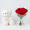 White Teddy Bear | 10 Red Roses