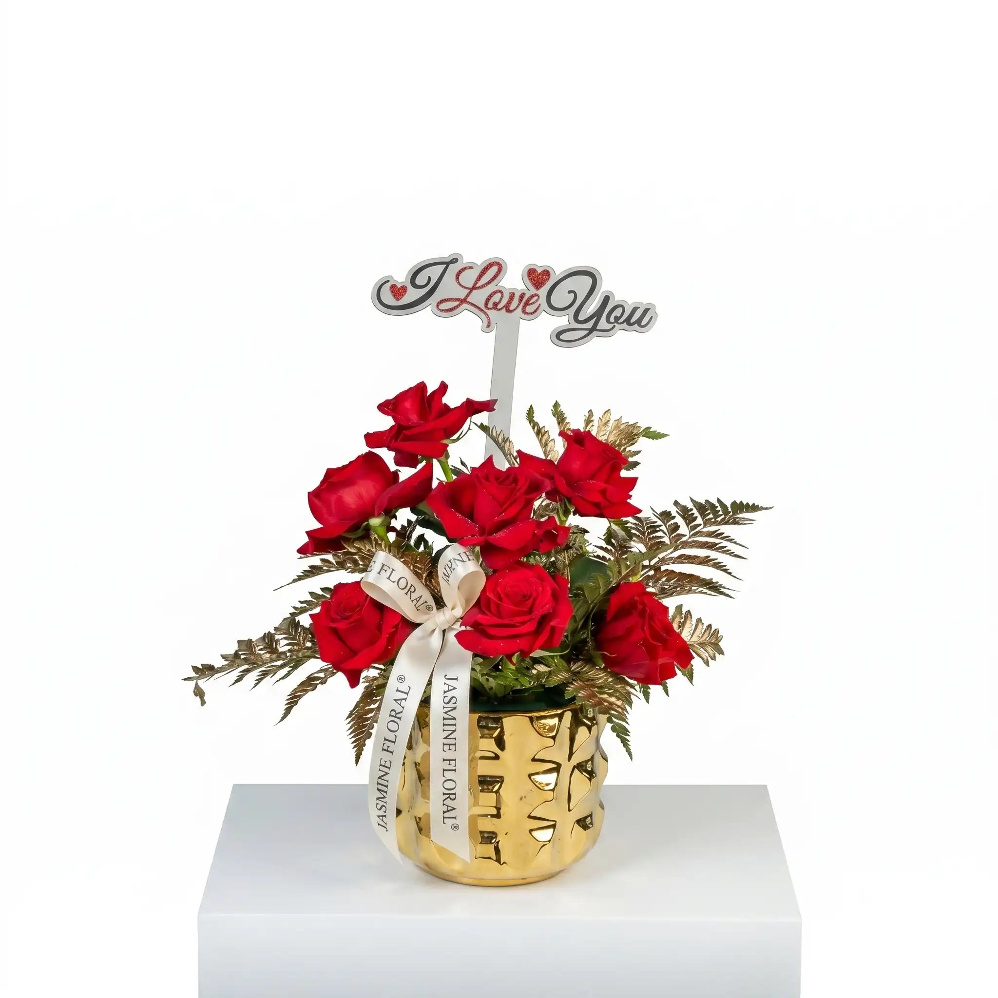 Golden Vase Red Flowers Love Acrylic Topper