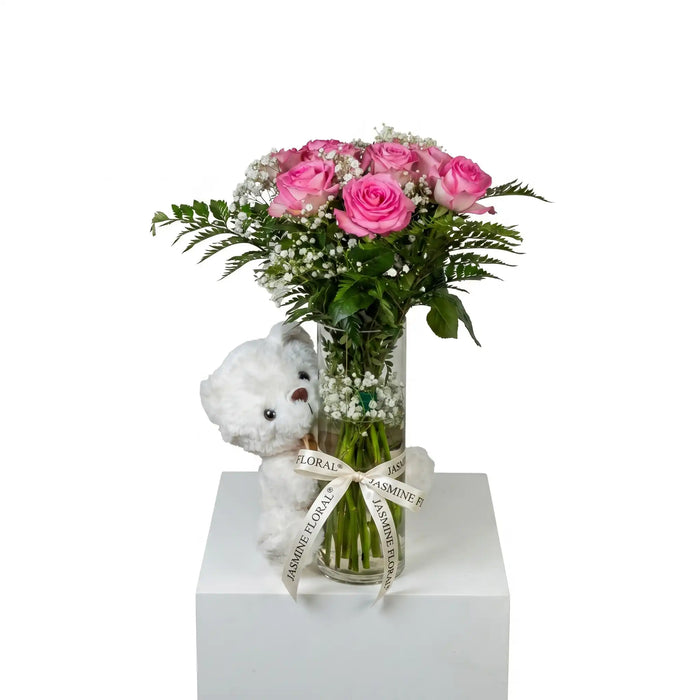 Glass Vase | 10 Pink Rose White Teddy