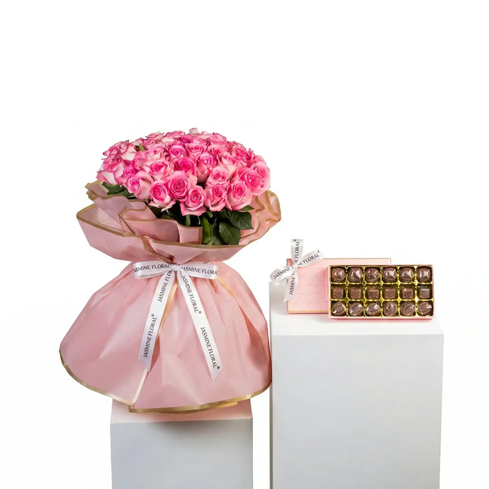 50 Pink Roses | Chocolate Box 18 Pcs