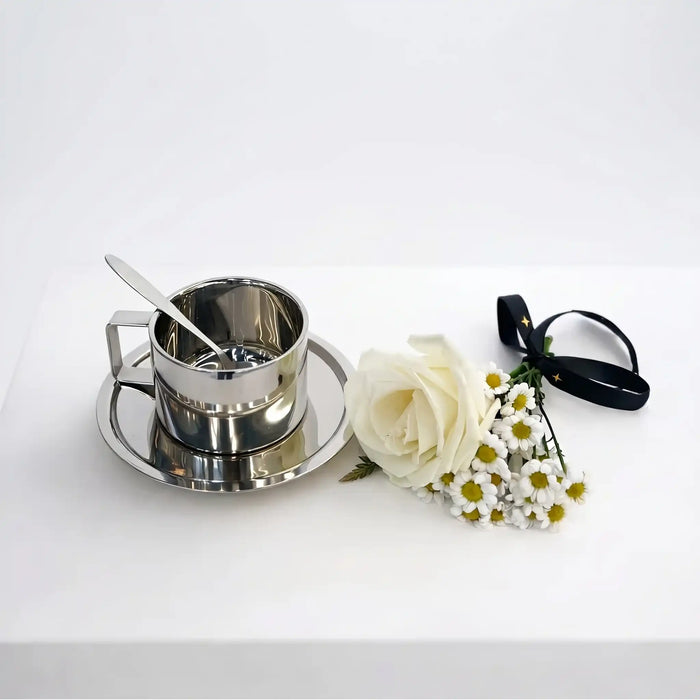 Stainless Steel Coffee Cup & Saucer | Silver