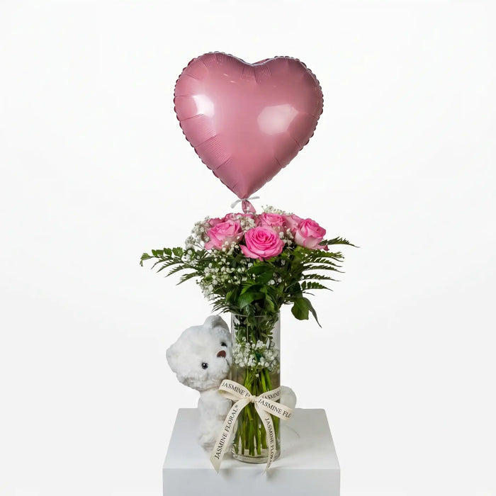 Glass Vase | 10 Pink Rose White Teddy Pink Heart Balloon