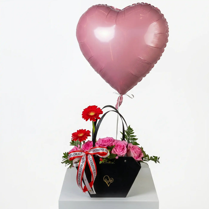 Black Flowers Bag | Pink Heart Balloon