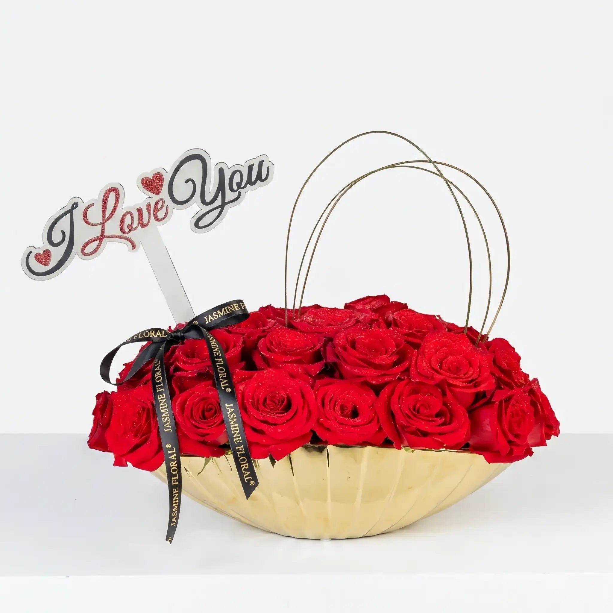 Premium Golden Vase | 25 Red Roses Love Acrylic Topper