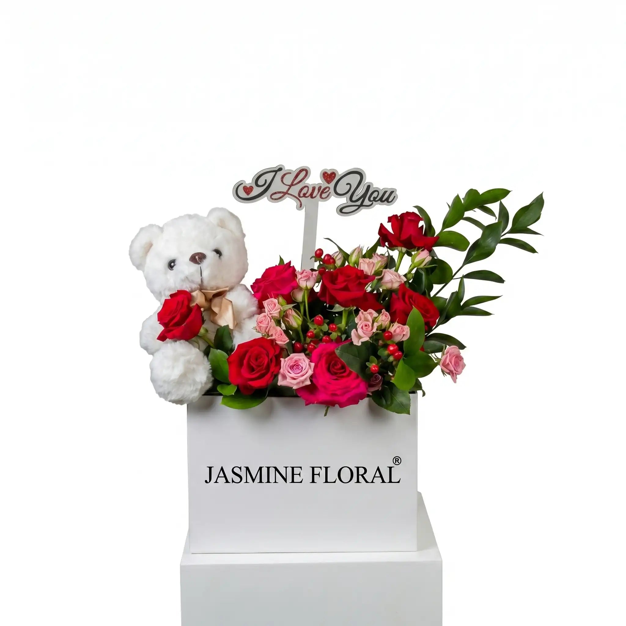 White Flowers Box | White Teddy Bear Love Topper