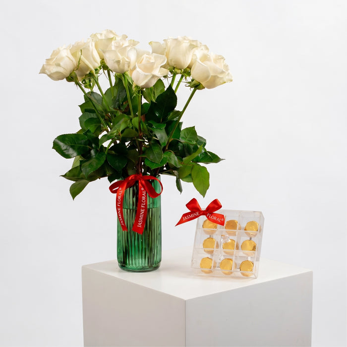 Green Vase | White Roses | Chocolate