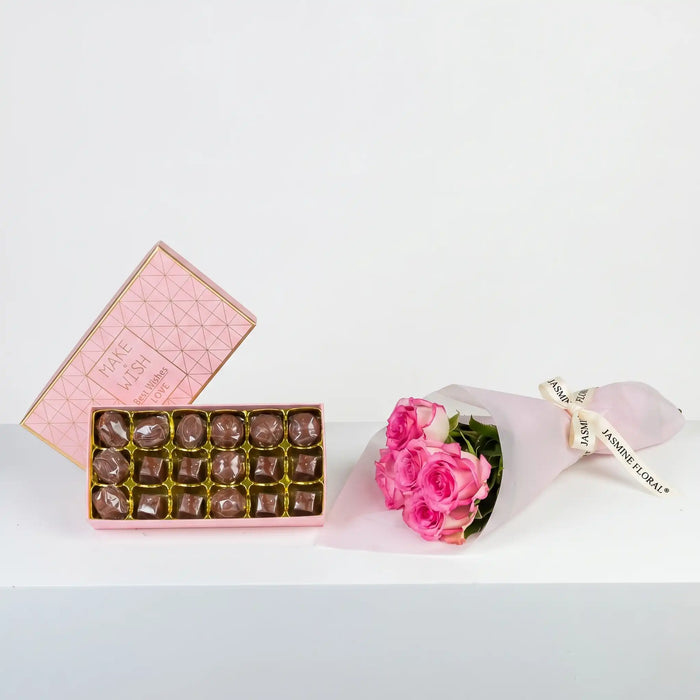 Assorted Chocolate Box 18 Pcs | 5 Pink Roses