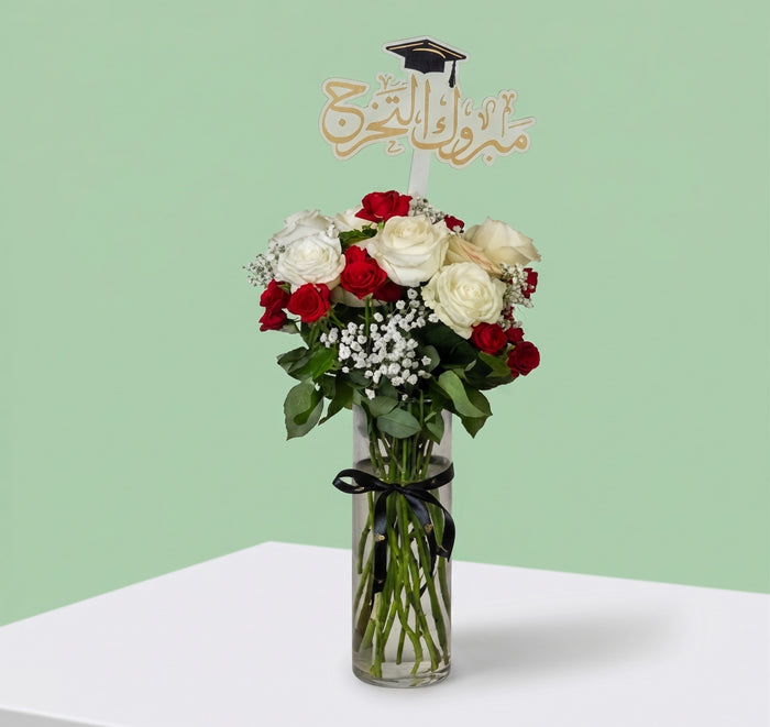 Graduation Vase | Rose White | Baby Red Roses